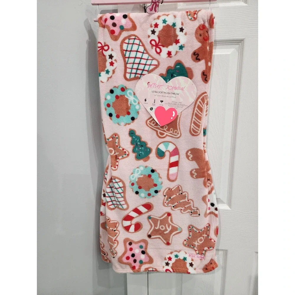 Pink Gingerbread Man Holiday Christmas Throw Blanket Plush Pastel Candy Land